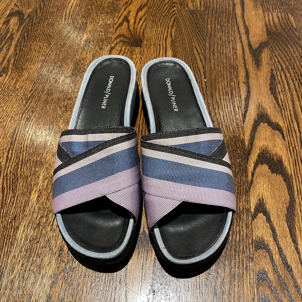 Donald J. Pliner Women's COLT blue suede Striped Slide Sandals